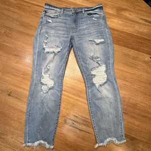 Judy Blue Distressed Paint Spatter Stretch Boyfriend Fit Jeans Skinny Size 14W